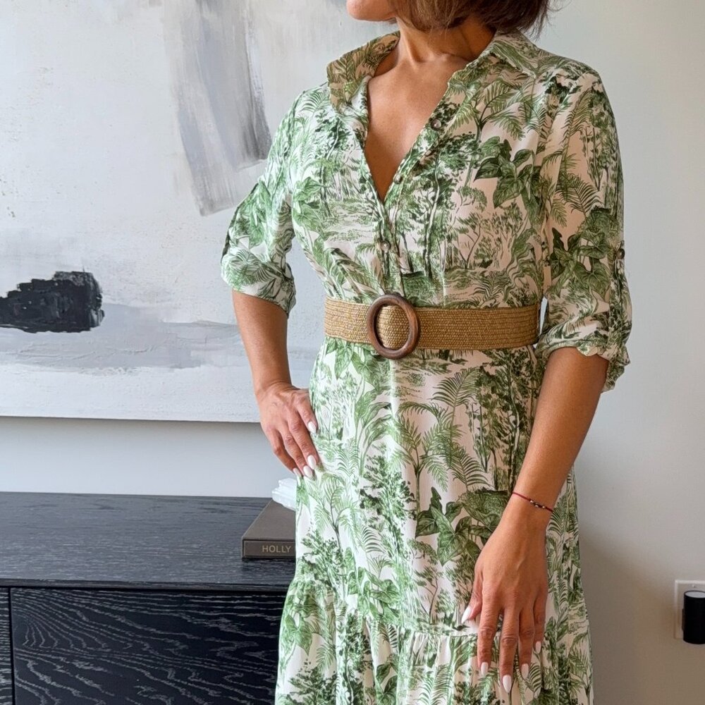 MILK&HONEY/GREEN & WHITE VINTAGE TOILE/BELTED SUMMER DRESS/SIZE: SMALL